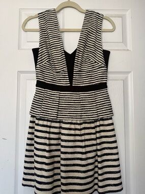 BCBGMaxAzria Black and White One-Shoulder Striped Peplum Dress